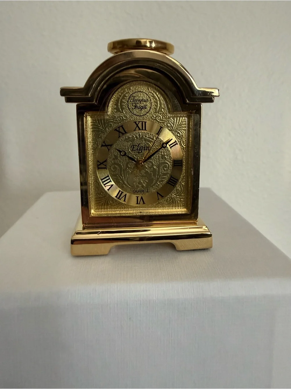 Vintage Elgin Mini Mantel Clock Gold Tone Tempus Fugit Quartz w/ Instructions
